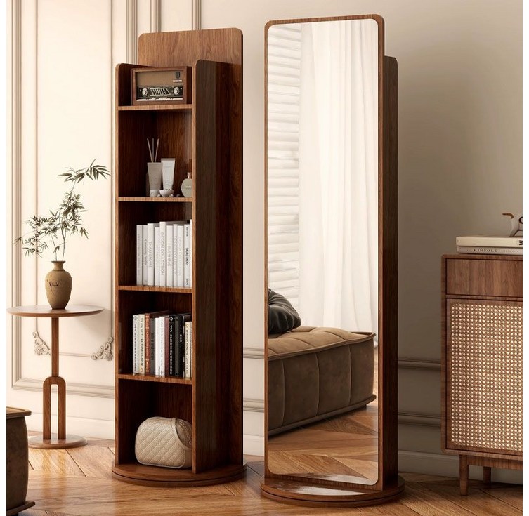 BYOU 원목 전신거울 인테리어 전신거울 360도 양쪽 회전 4단책장, 호두 컬러