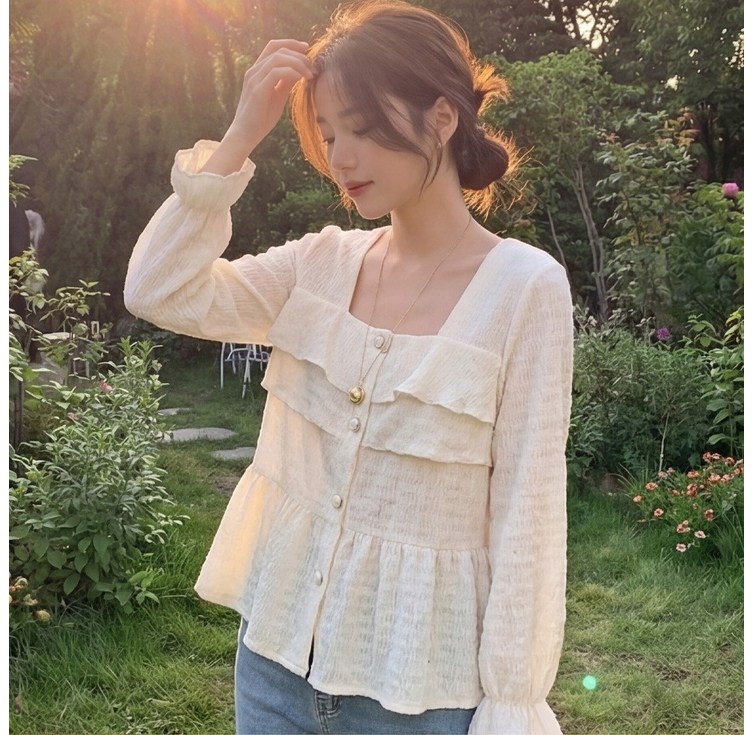 B1781 란티슈 빅사이즈 여성 프릴 스퀘어넥 블라우스 봄가을용