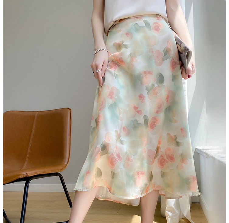 실크 새틴 봄여름 여성 반바지 스커트 기품 있는 프린트 프랑스식 우산 스커트 루즈핏 하이웨이스트 무릎 위 A라인 스커트