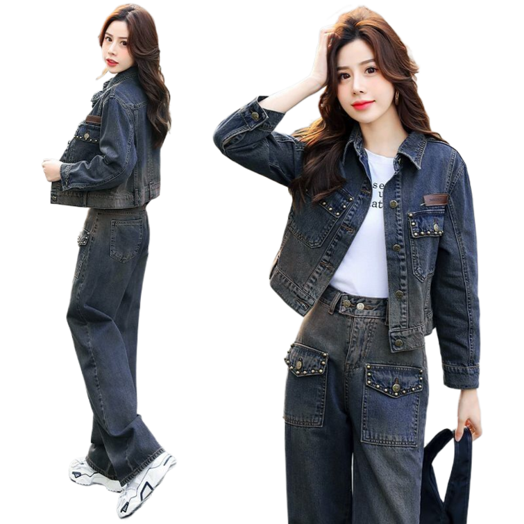 데님 세트 여자 쇼트 데님 재킷데님 와이드 팬츠 세트